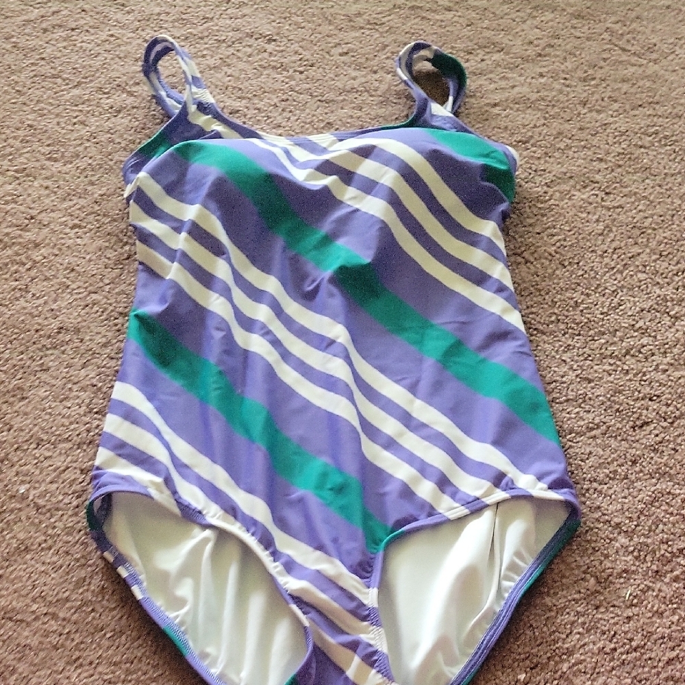 Lands' End Purple and Green Striped Swimsuit